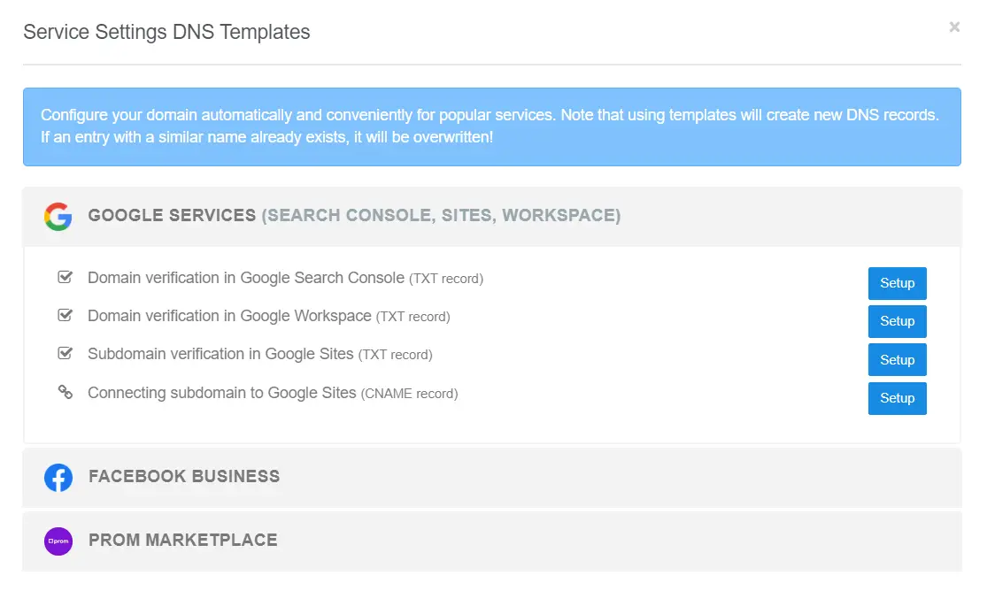 DNS configuration presets