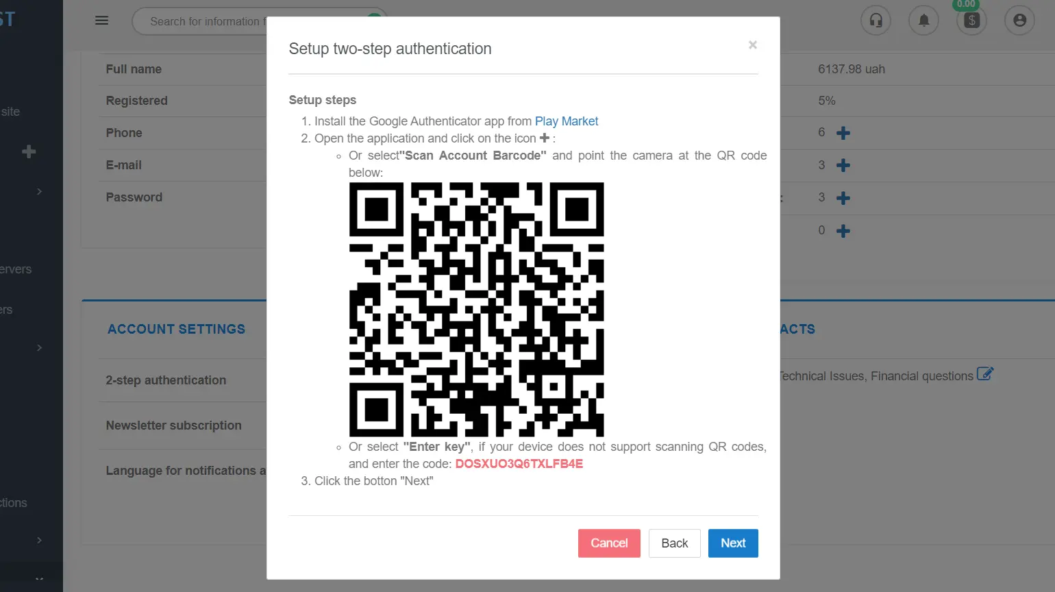 QR code when setting up two-factor authentication