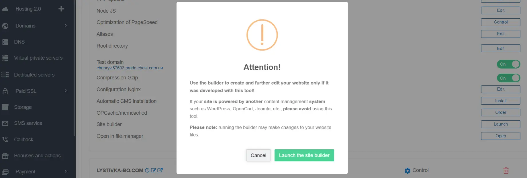 Modal window before launching the website builder