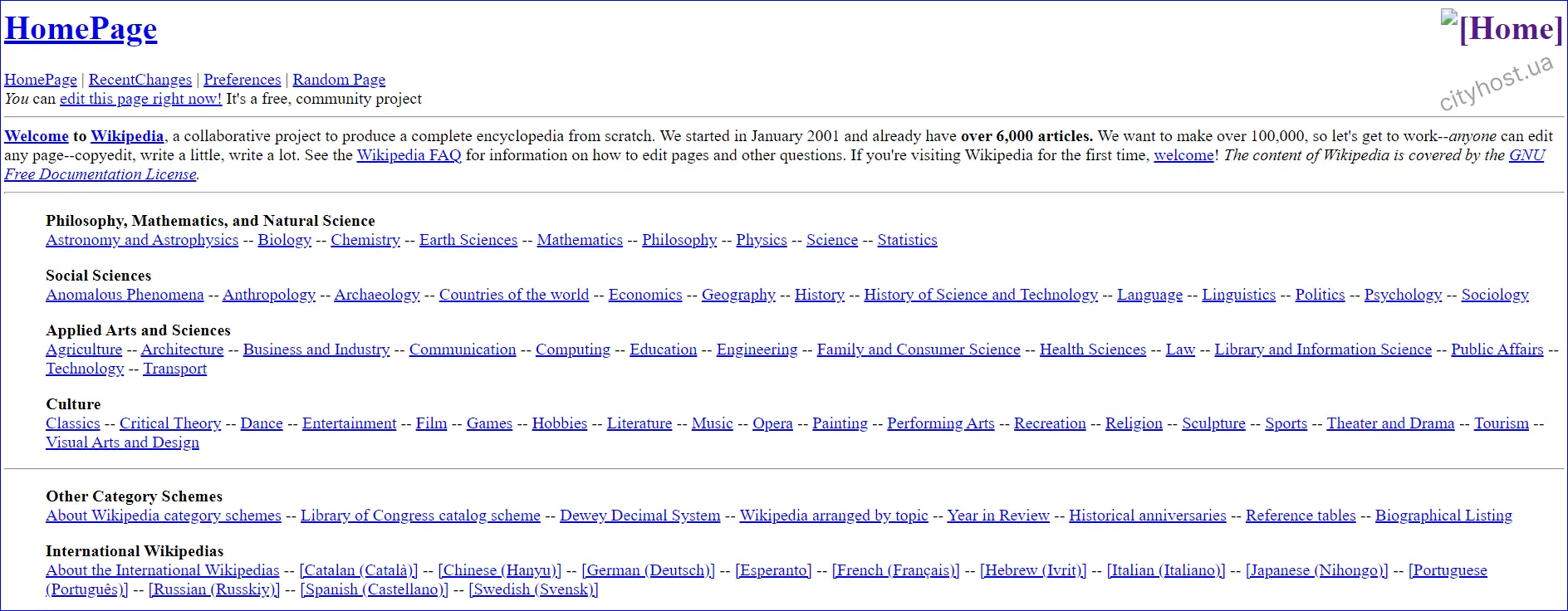 Вигляд головної сторінки Вікіпедії у 2001 році