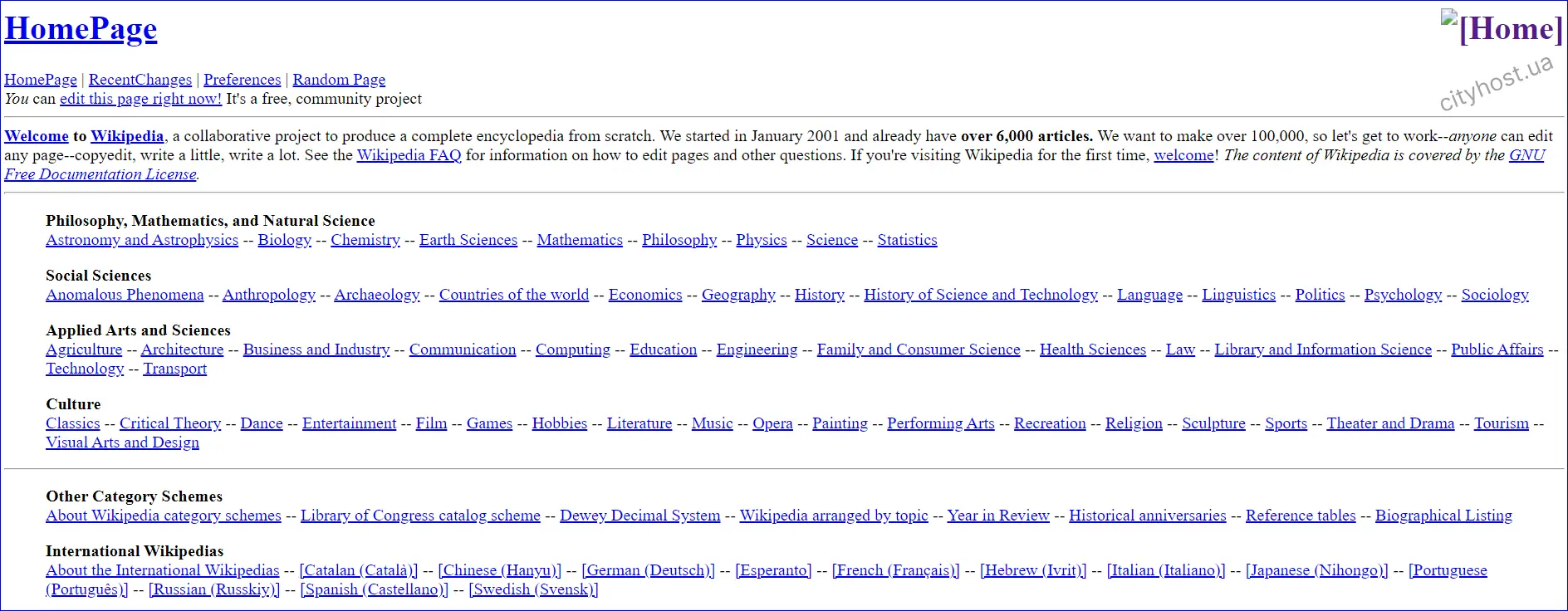 The appearance of the main page of Wikipedia in 2001