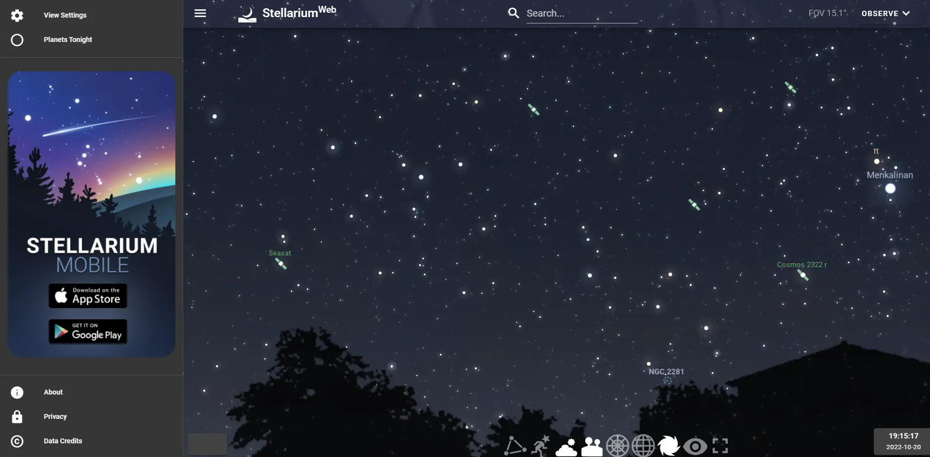 Ночное небо в Stellarium