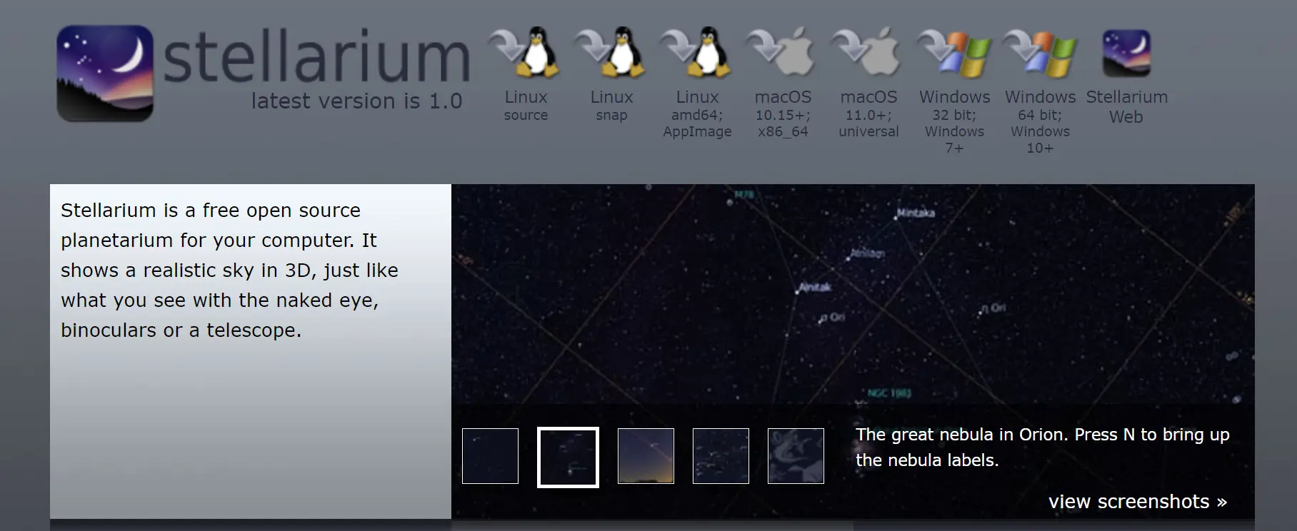 Start page of Stellarium WEB