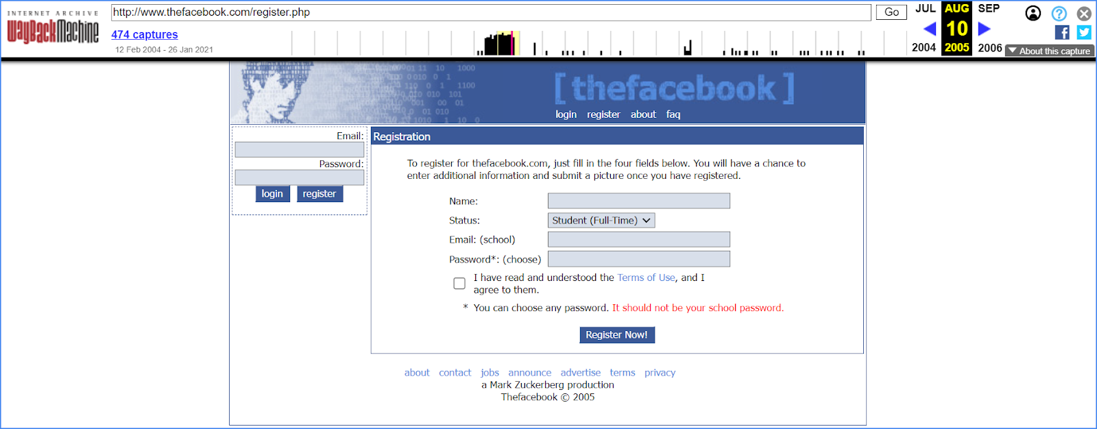 Стартовая страница facebook в 2005 году