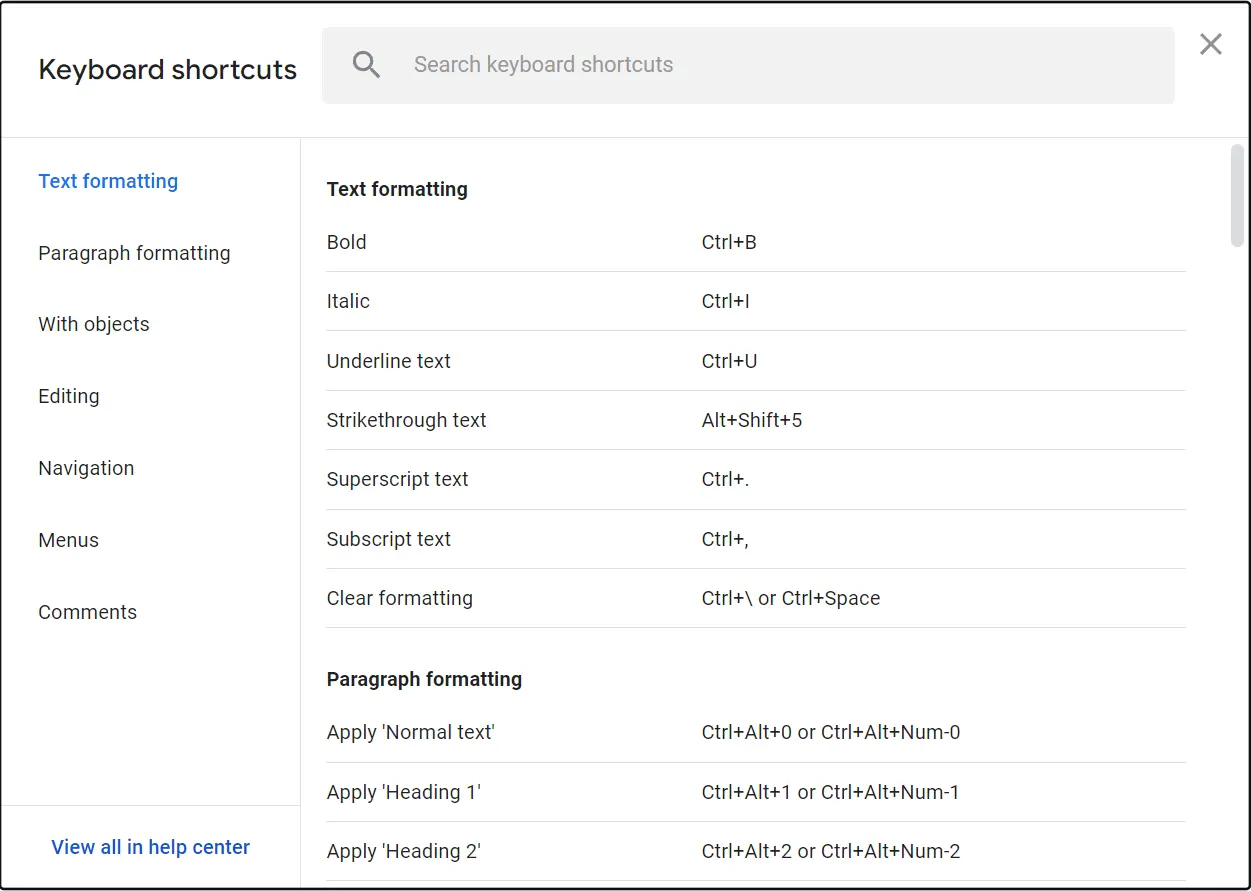 How to use Google Docs - keyboard shortcuts