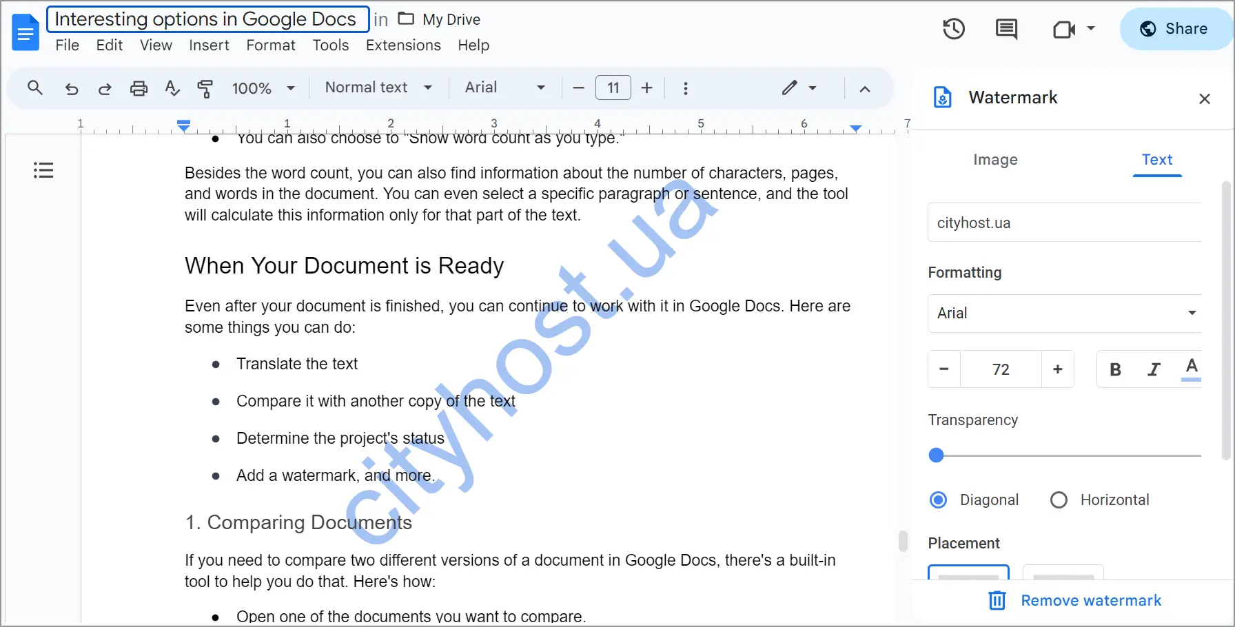 Interesting functions of Google Docs - how to put a watermark on the text