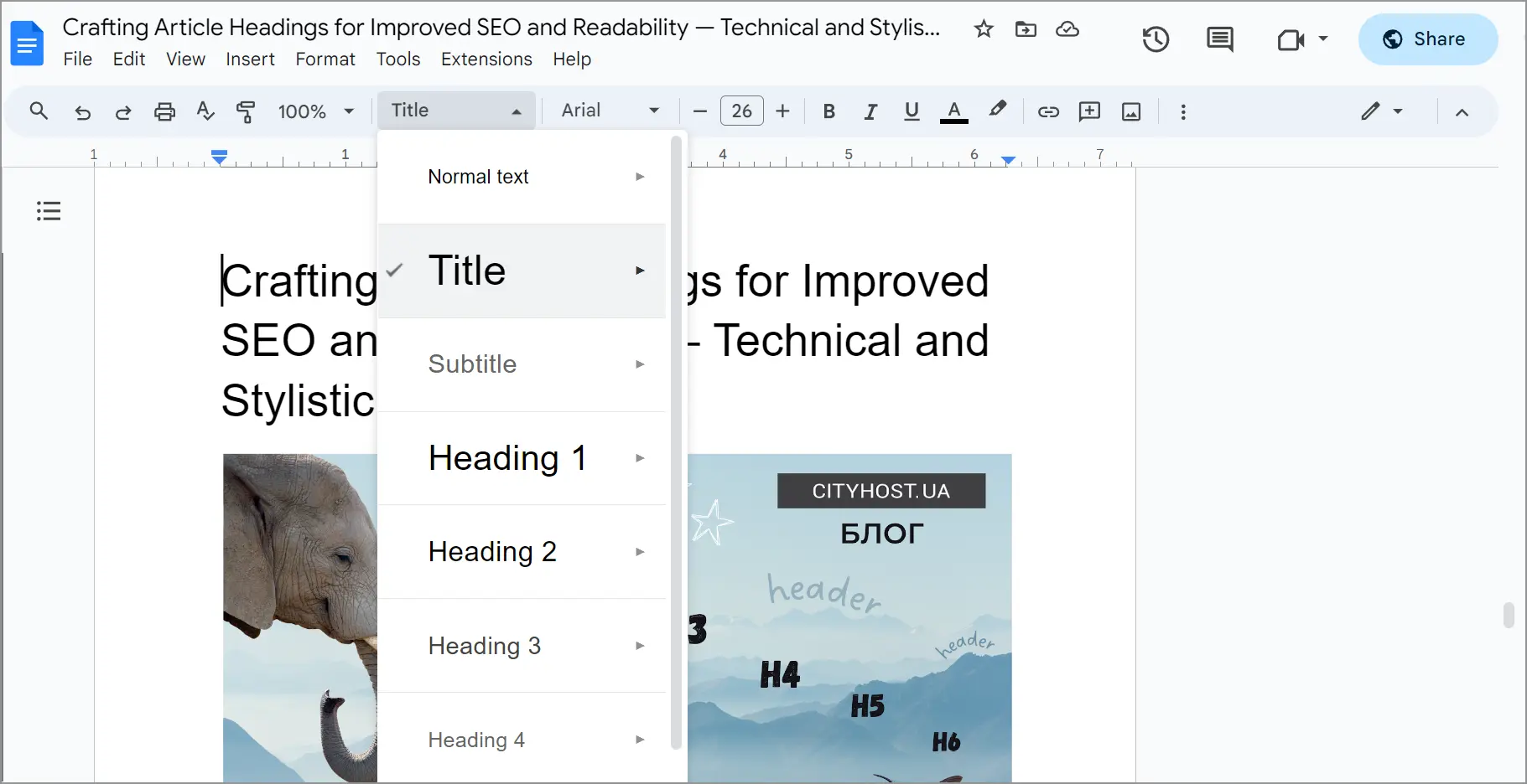 Hierarchy of subheadings from H1 to H6, text layout