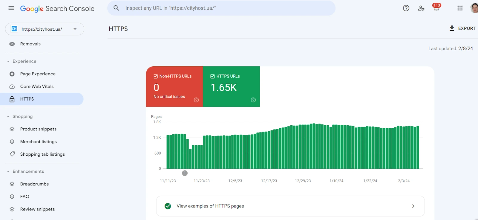 Checking the presence of HTTPS on the site pages through Search Console