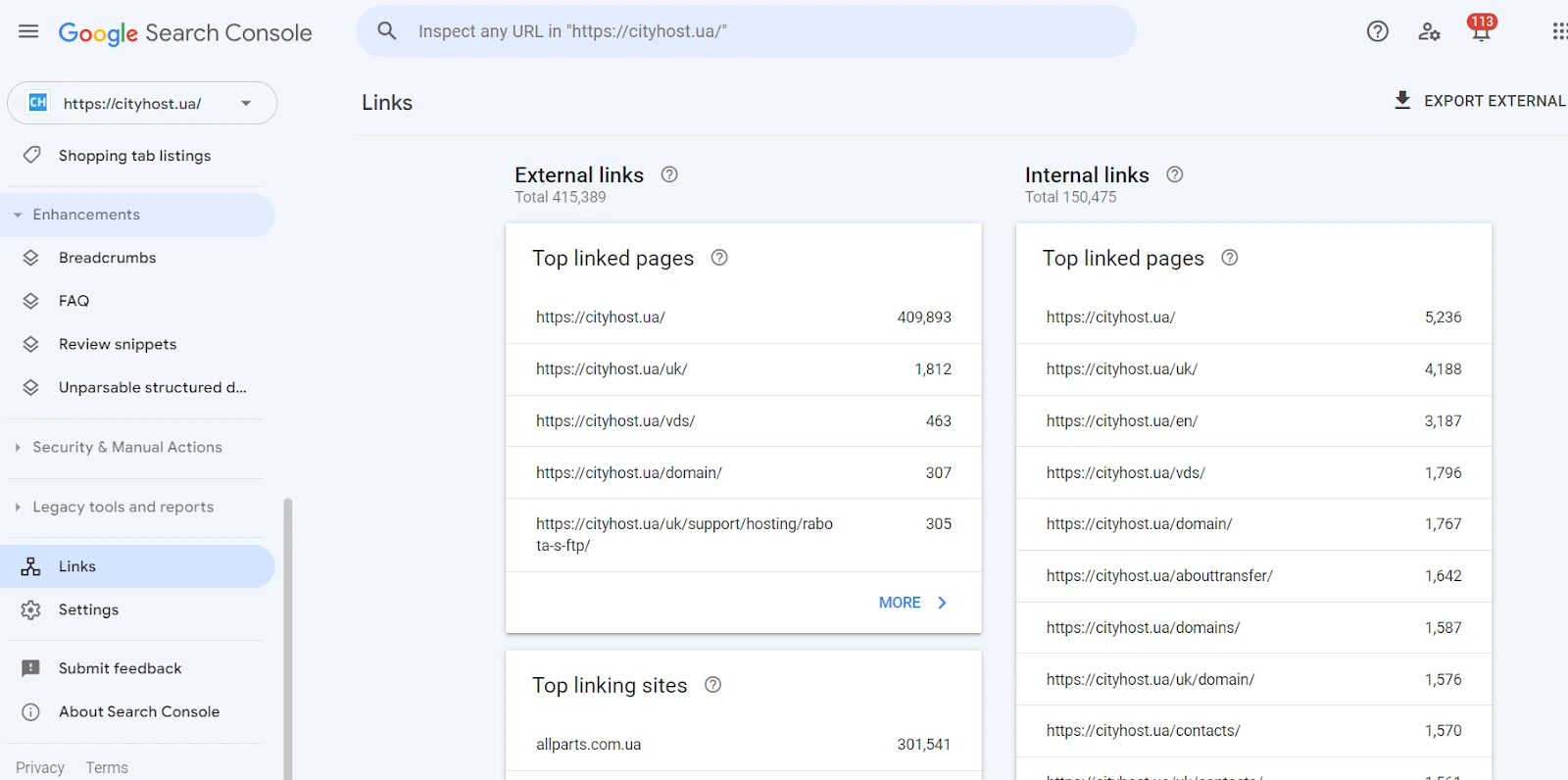 View internal and external links to the site through Google Search Console