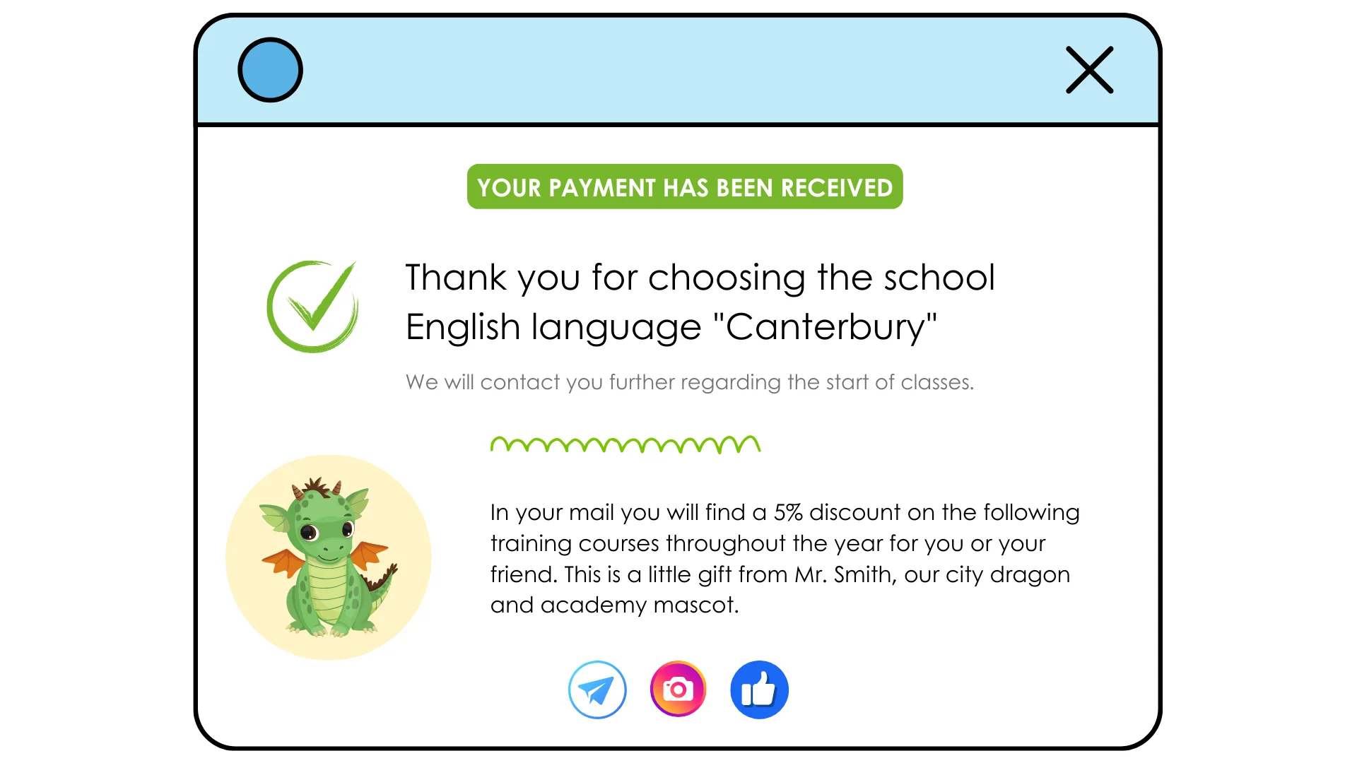 Example of a thank you page on an English language school website