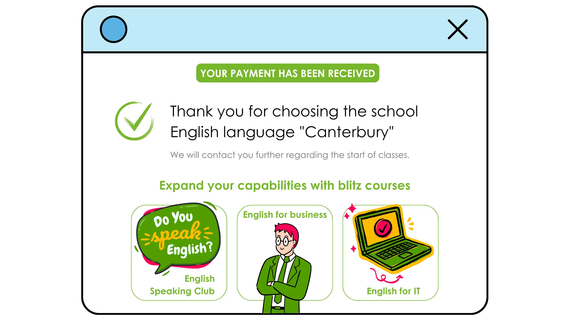 Improved thank you page on the English language school website