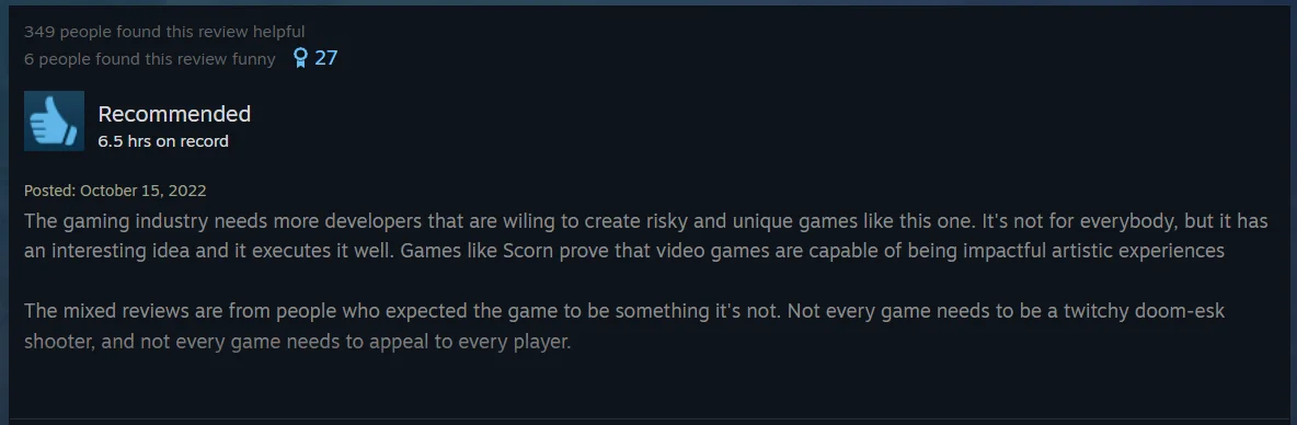 Review of the computer game SCORN on Steam