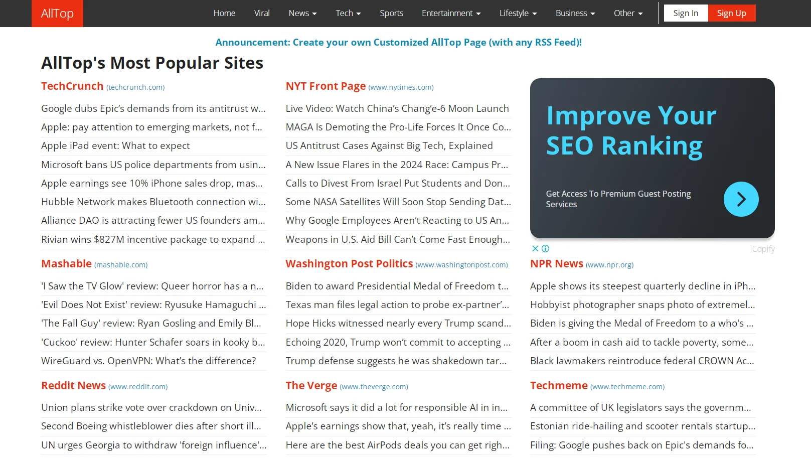 Пример сайта агрегатора новостей — веб-ресурс AllTop