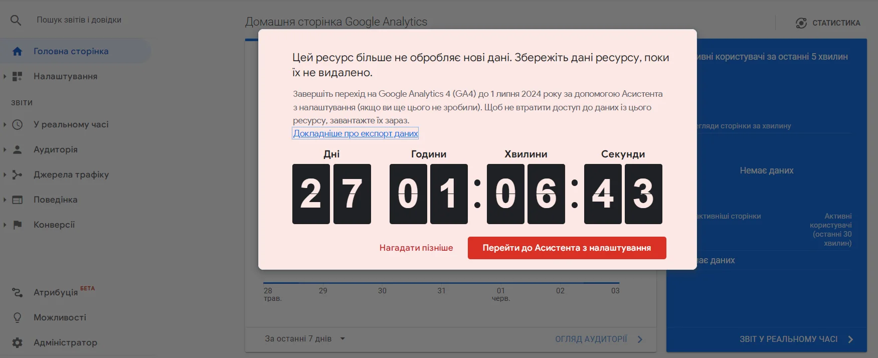 Повідомлення про необхідність переходу з Universal Analytics на Google Analytics 4