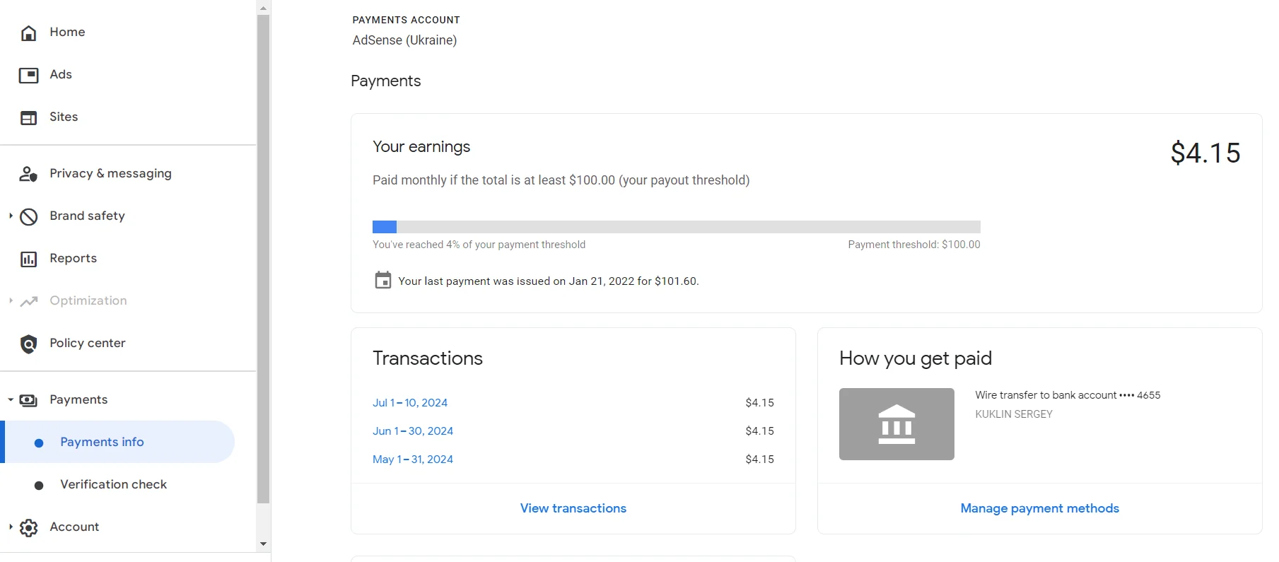 Page with payment information on the Google Adsense service