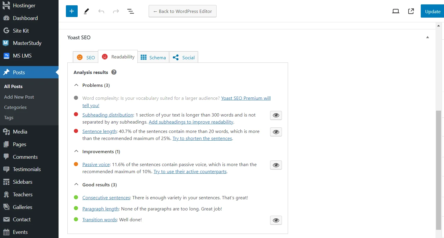 Оцінка читабельності тексту від плагіну Yoast SEO