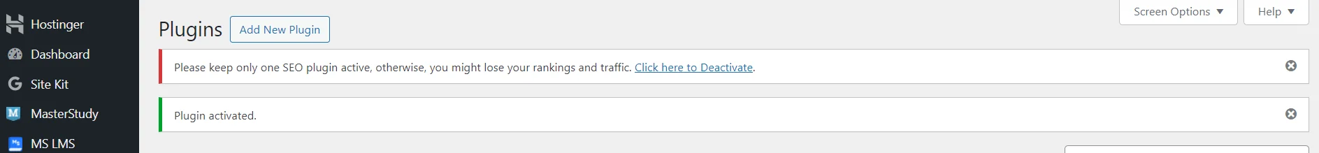 A notification about the need to keep only one SEO plugin activated