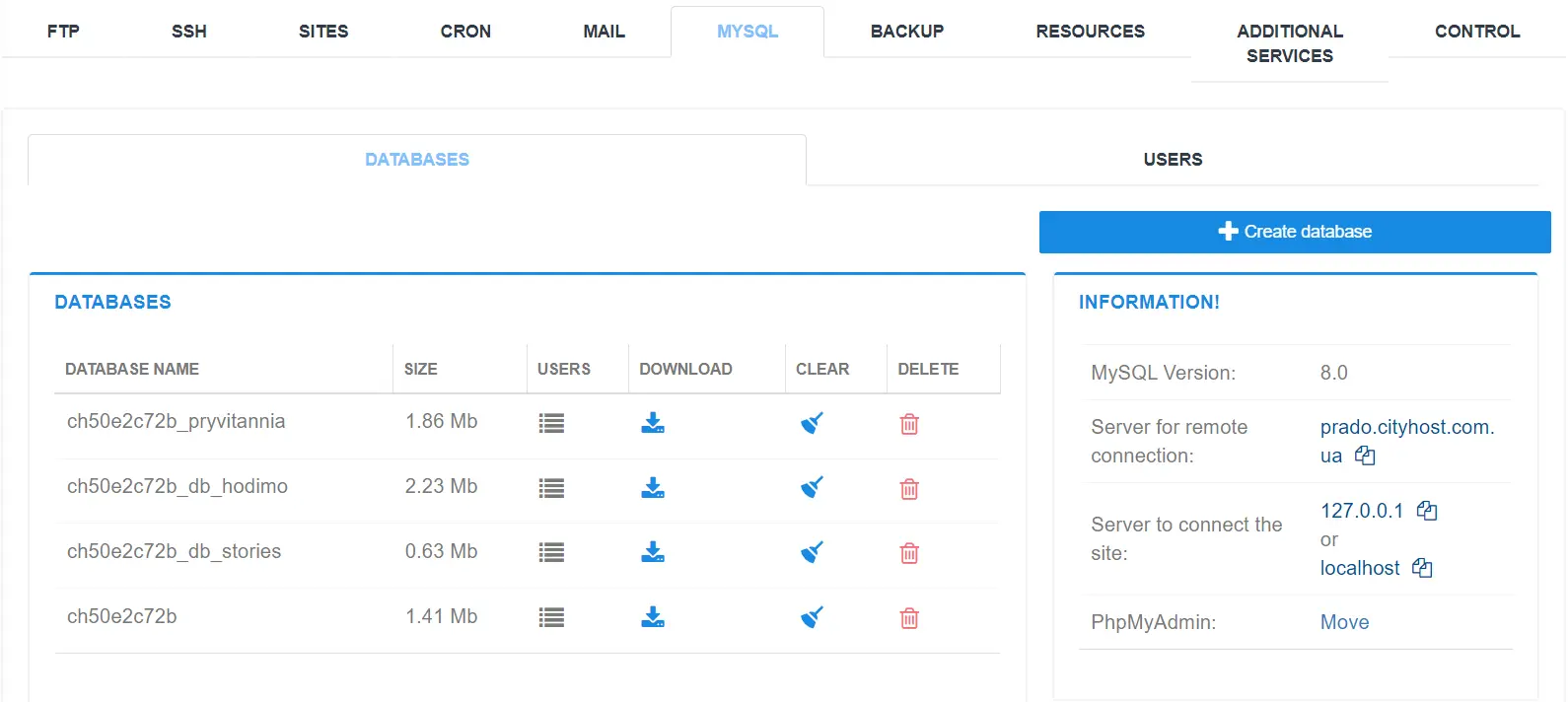 Database management in the Cityhost panel