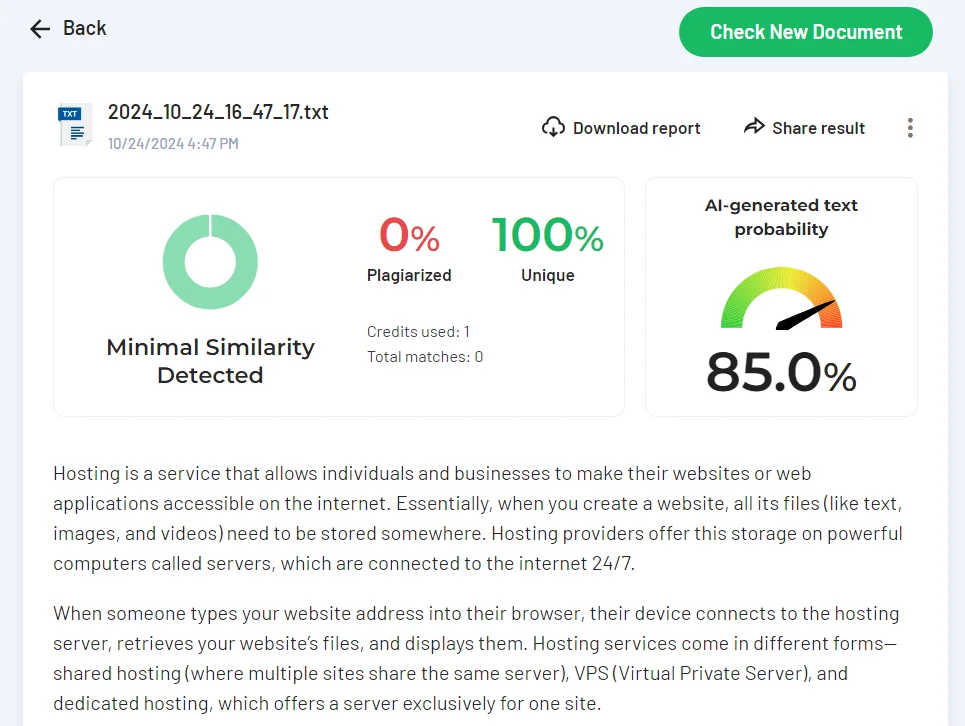 The results of checking the AI ​​text for uniqueness