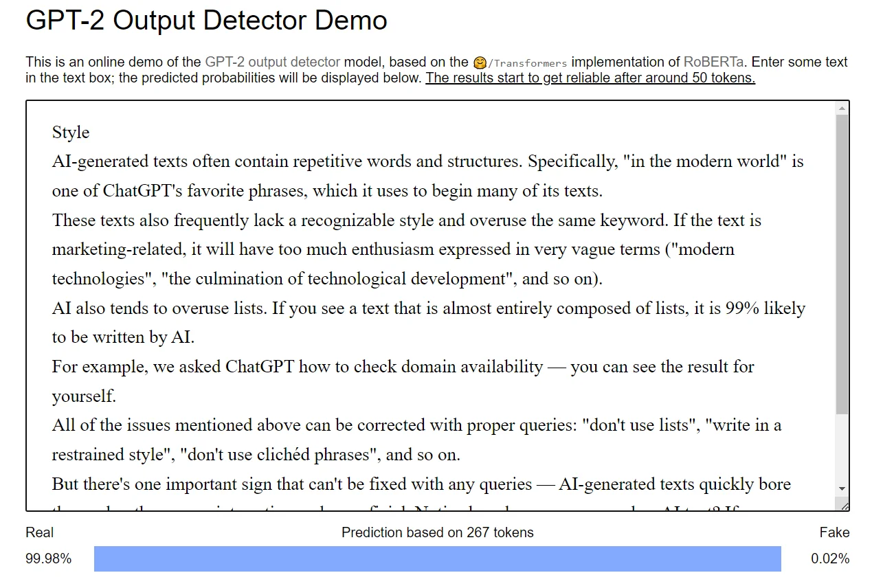 The results of checking the text on the GPT-2 Output Detector service