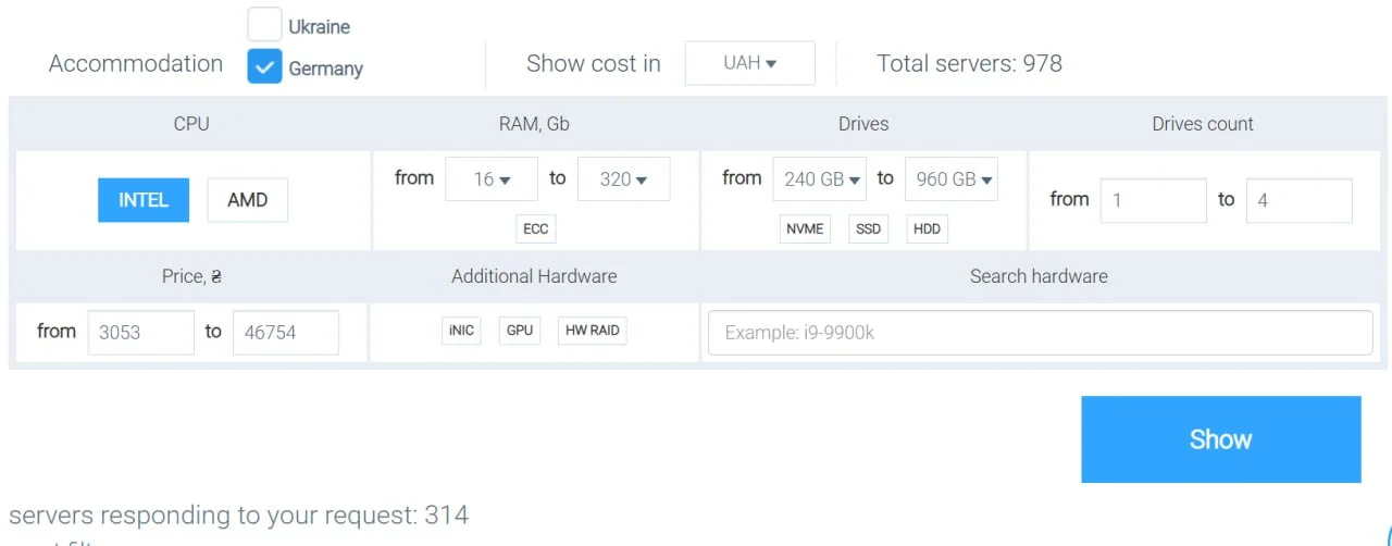 Cityhost website has filters for quick selection of a dedicated server