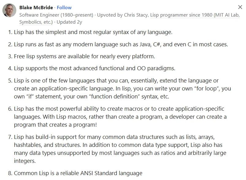 On Quora, a programmer talks about the features of the old programming language Lisp