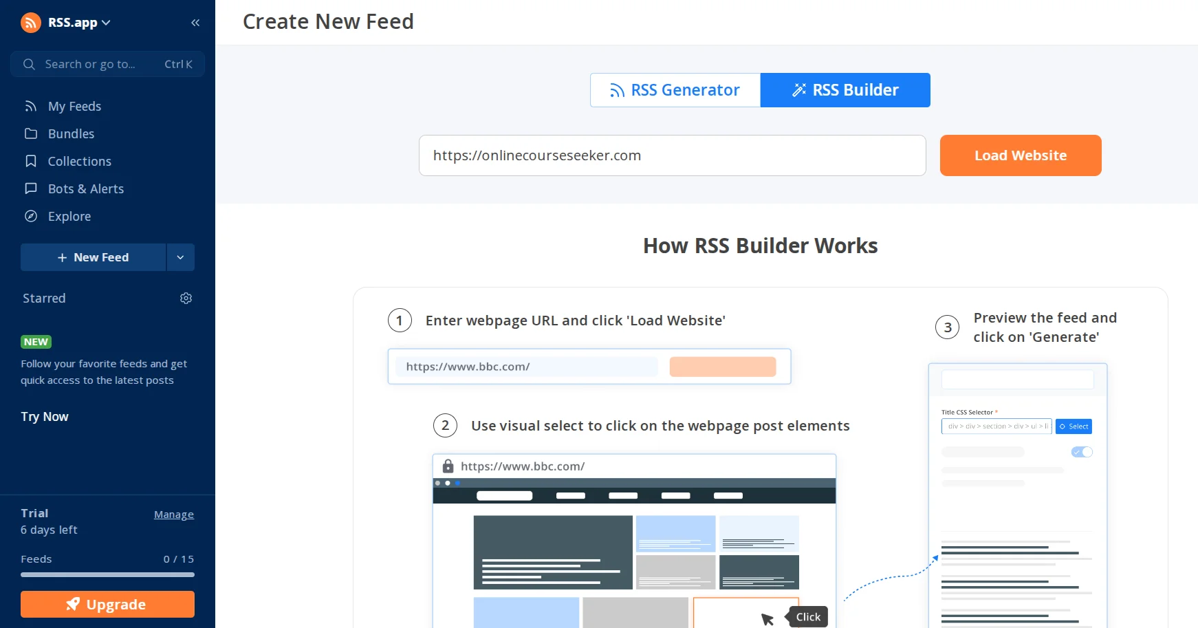 Service for creating an RSS feed RSS.app