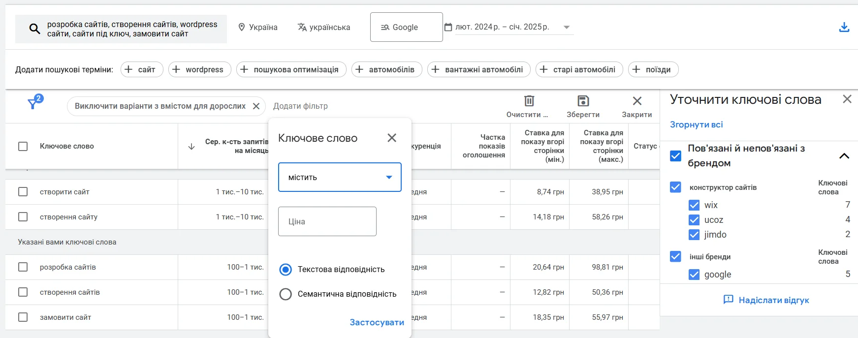 Як фільтрувати знайдені ключові слова в Google Keyword Planner