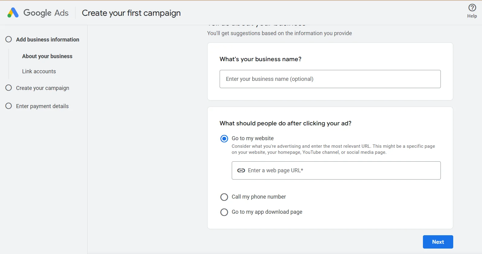 Creating an advertising campaign in Google Ads