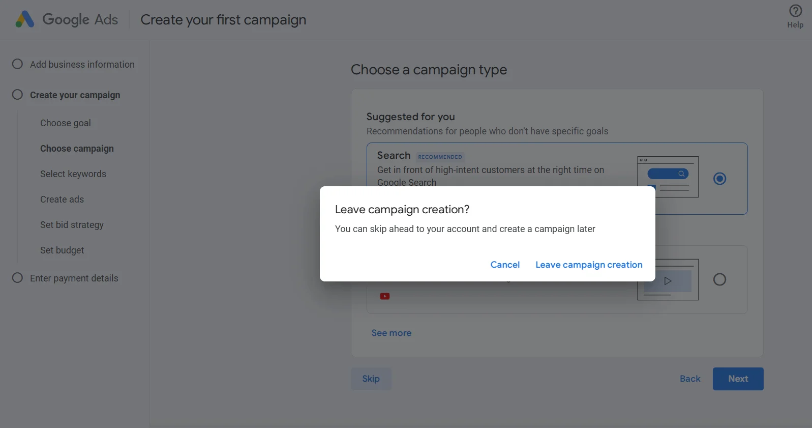 How to skip creating your first advertising campaign in Google Ads