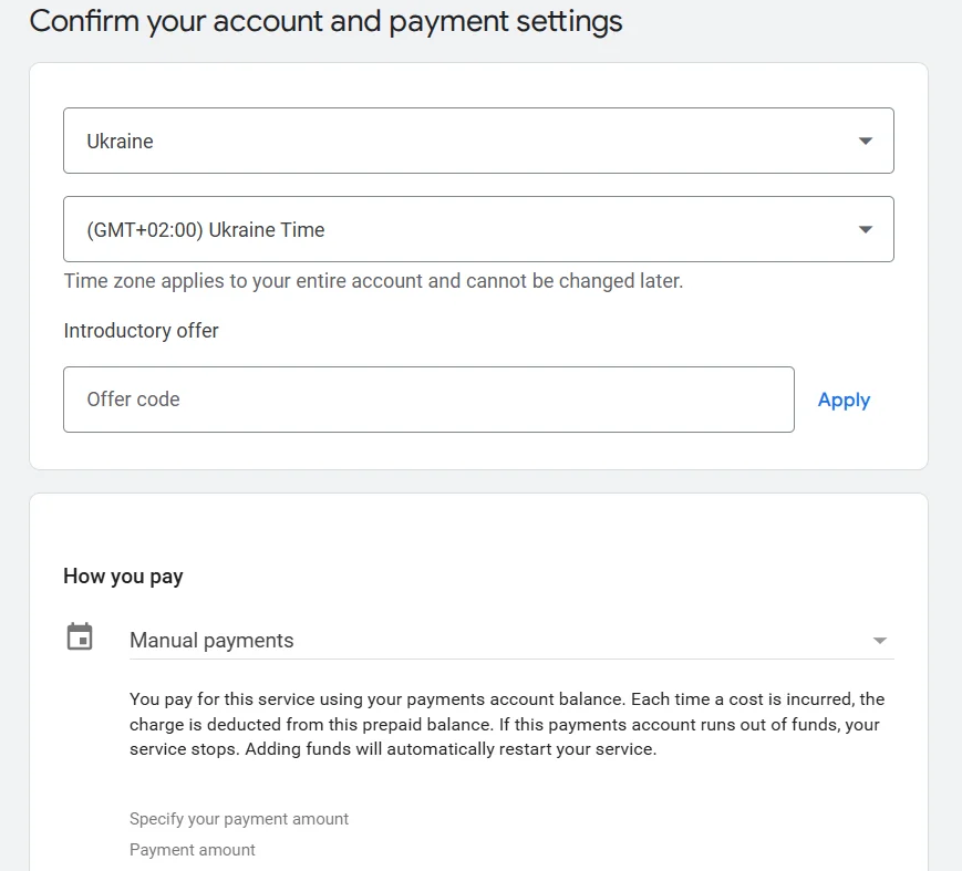 Confirmation of setting up Google Ads payments