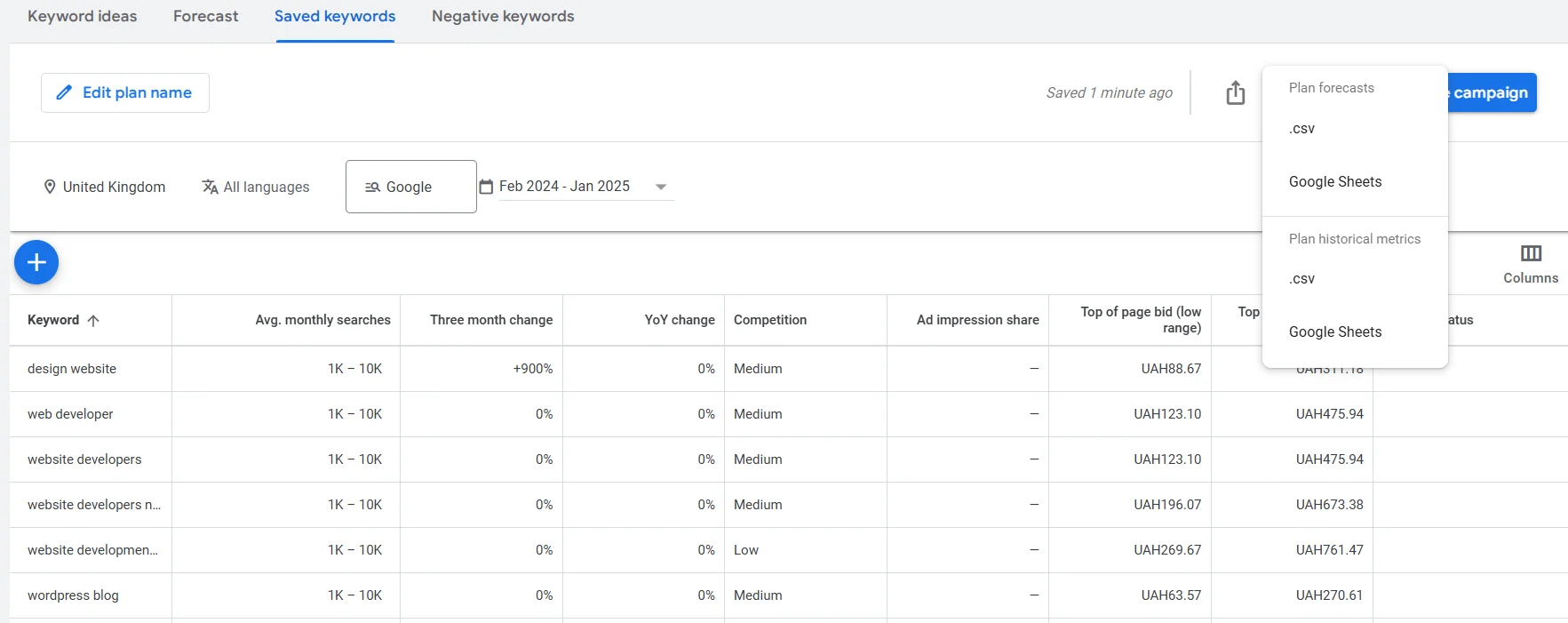 How to download keywords in Google Keyword Planner