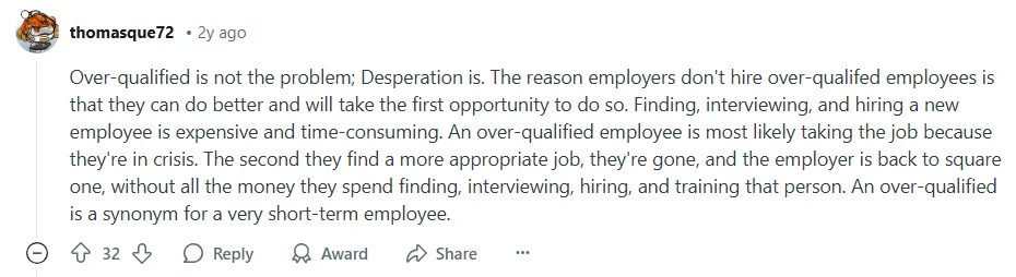 Discussion of fear of turnover as a reason for rejecting overqualified candidates