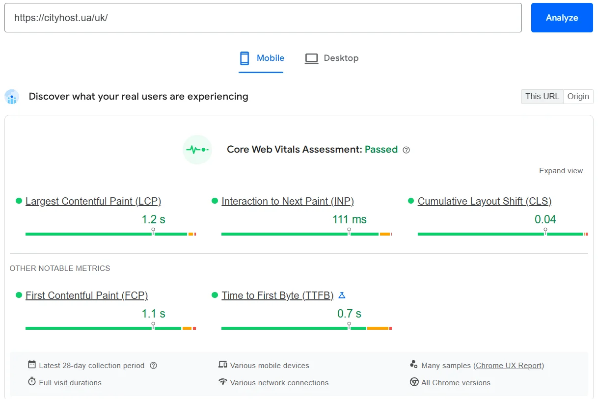 Перевірка відповідності мобільної версії сайту Cityhost на Core Web Vitals