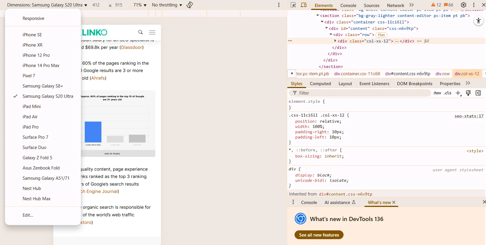 Example of Backlinko website responsiveness check using Google Chrome