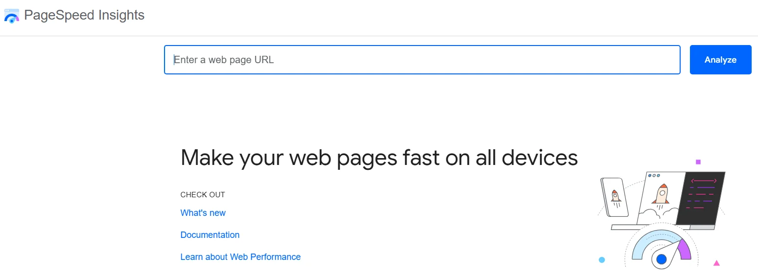 Homepage of the PageSpeed ​​Insights website responsiveness check service