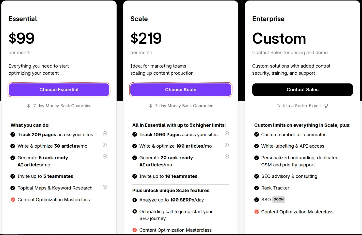 Тарифные планы AI-платформы Surfer SEO