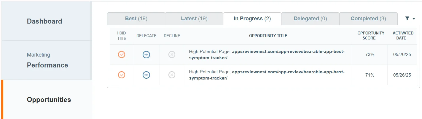 Example of a task for improving website optimization from artificial intelligence
