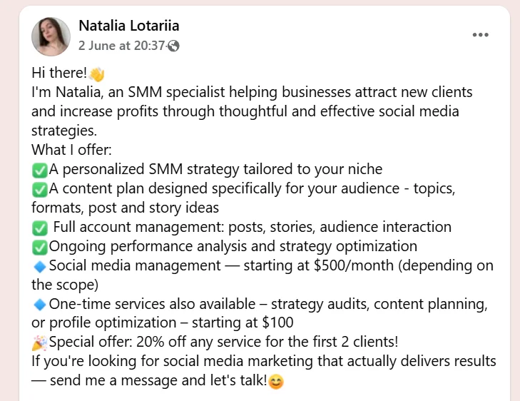 Example of a potential advertising post in a Facebook group