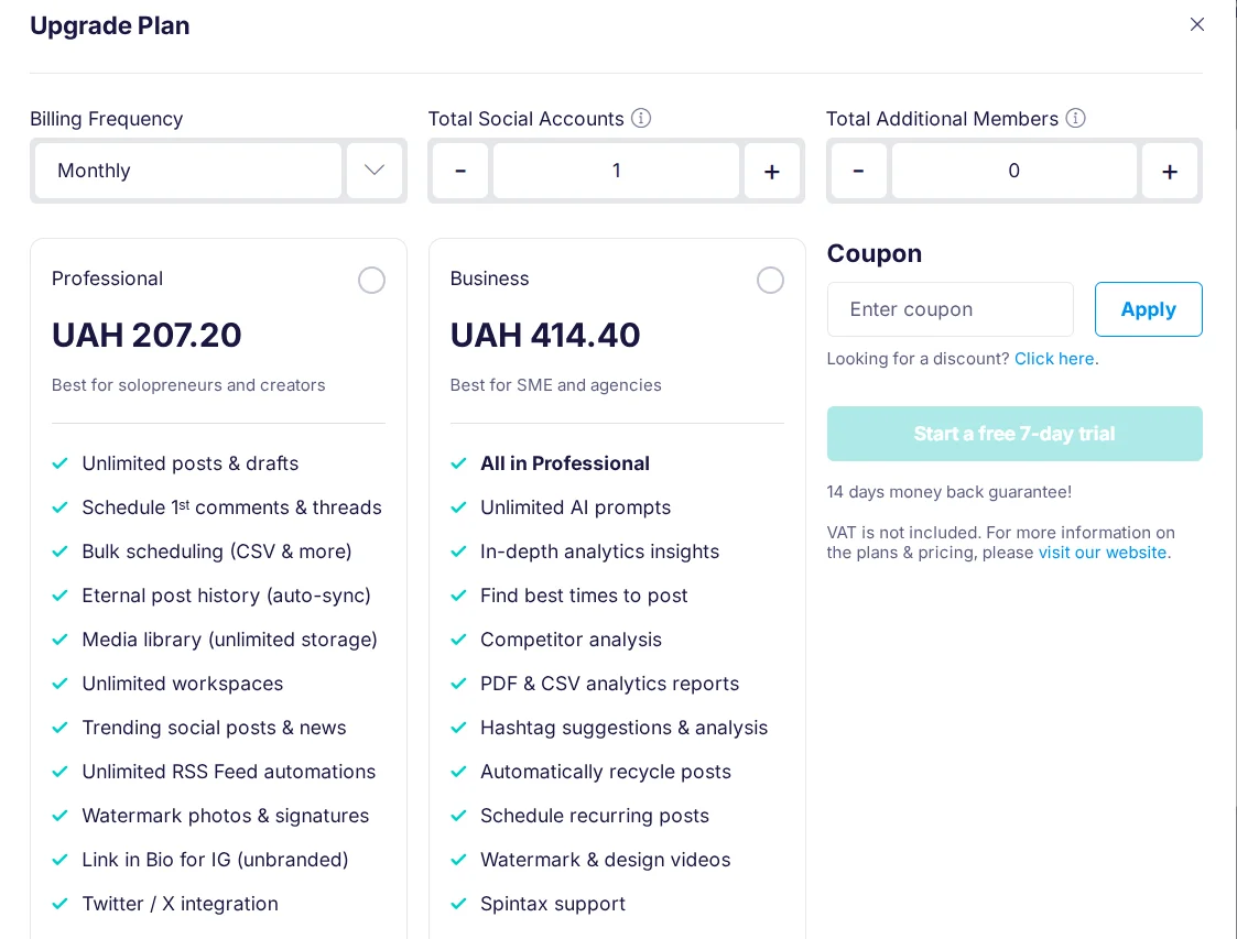 Тарифные планы на AI-платформе для ведения соцсетей Publer