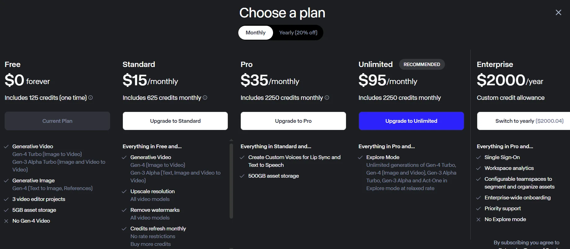 Tariff plans on the Runway AI service