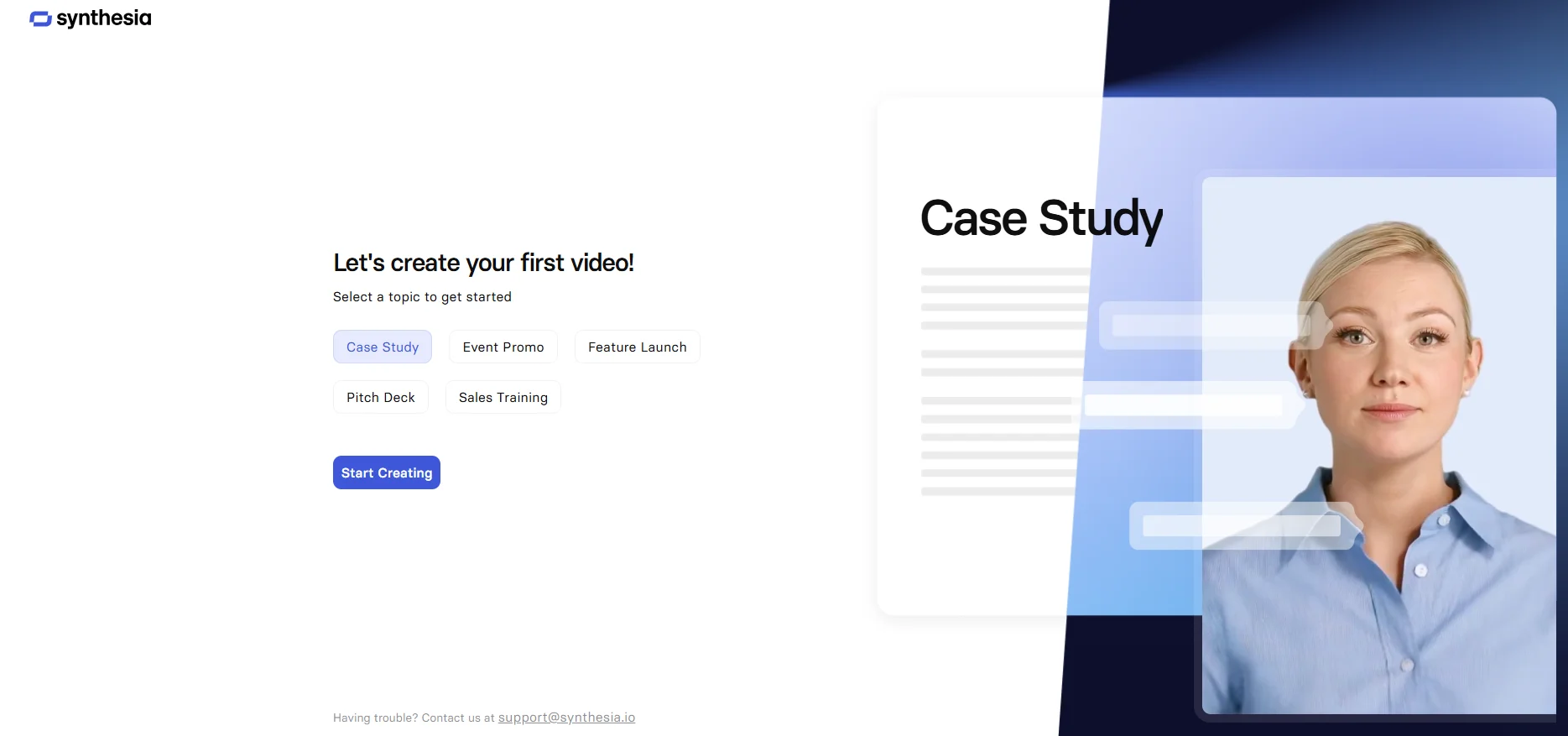 The process of creating the first video on the Synthesia website