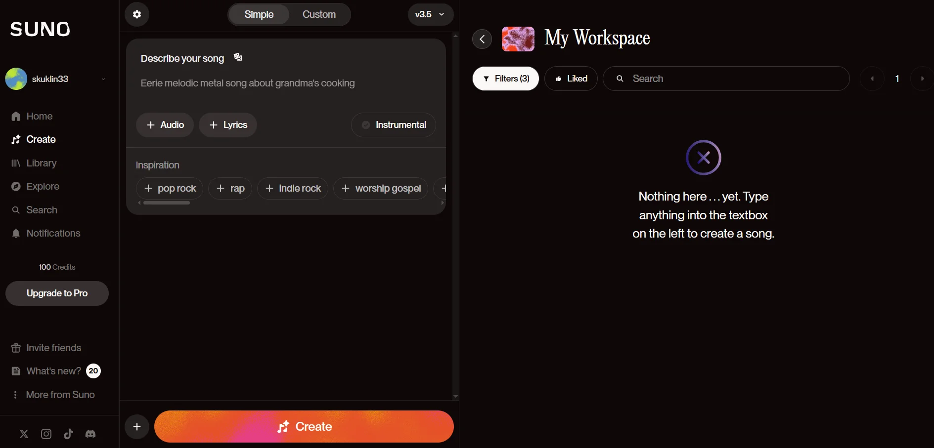 User workspace on the Suno AI service
