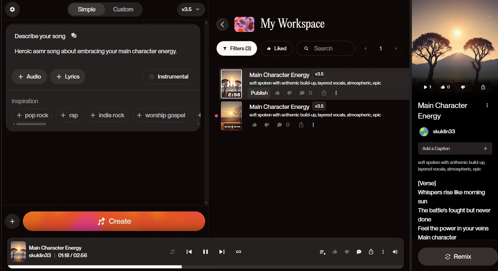 Example of generating music on the Suno AI platform