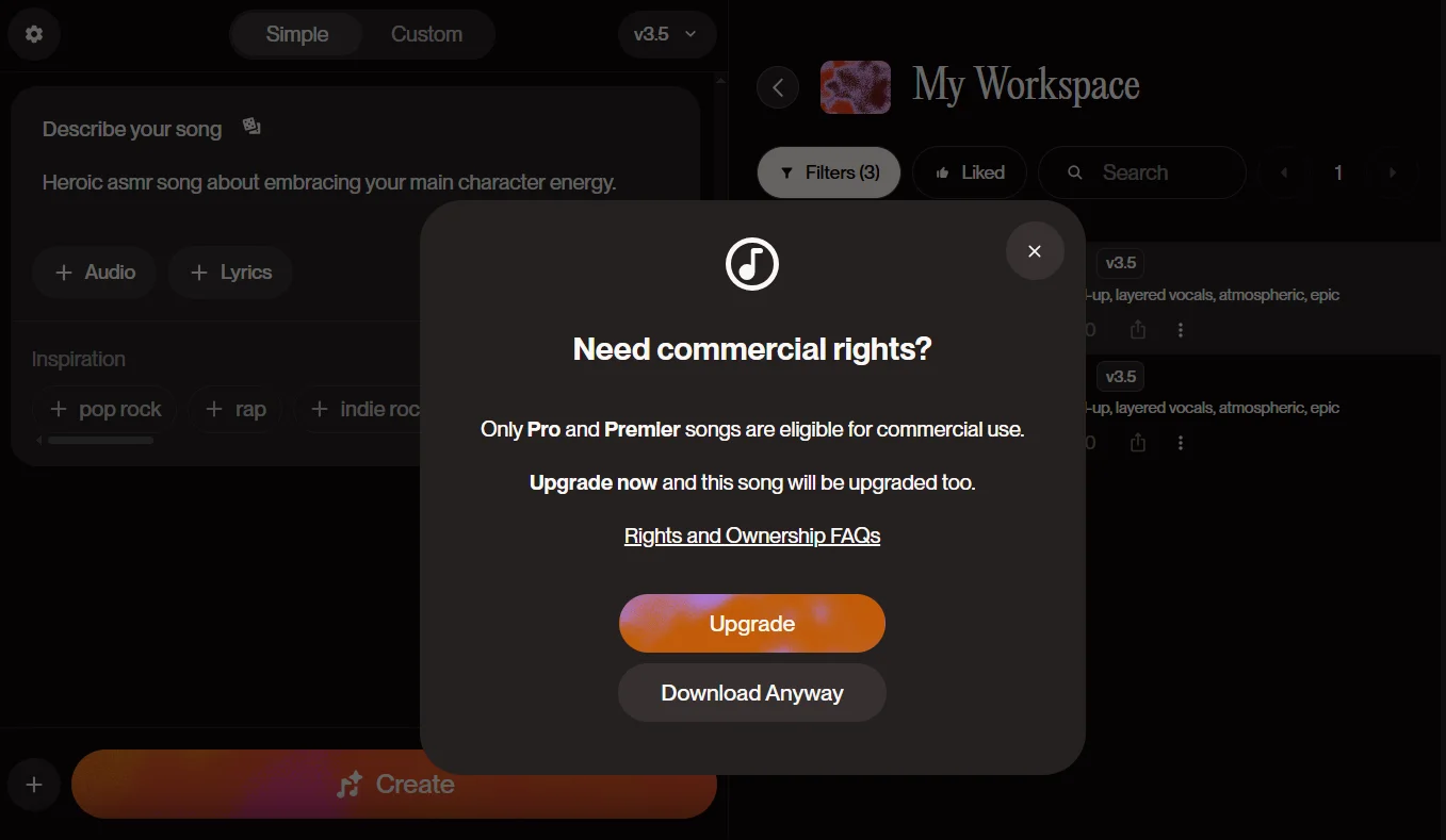 Warning about commercial use of music from the Suno AI service