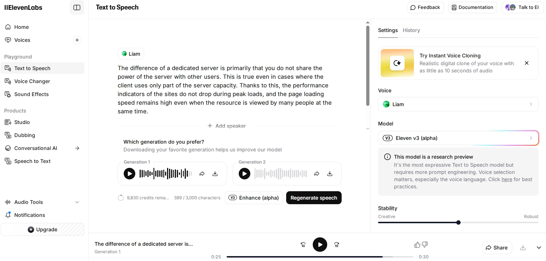 Result of artificial intelligence on the ElevenLabs service