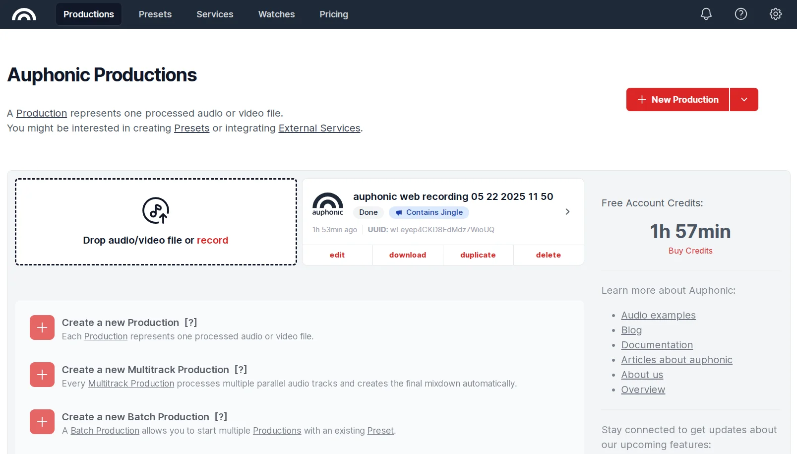 AI service for automatic audio improvement Auphonic
