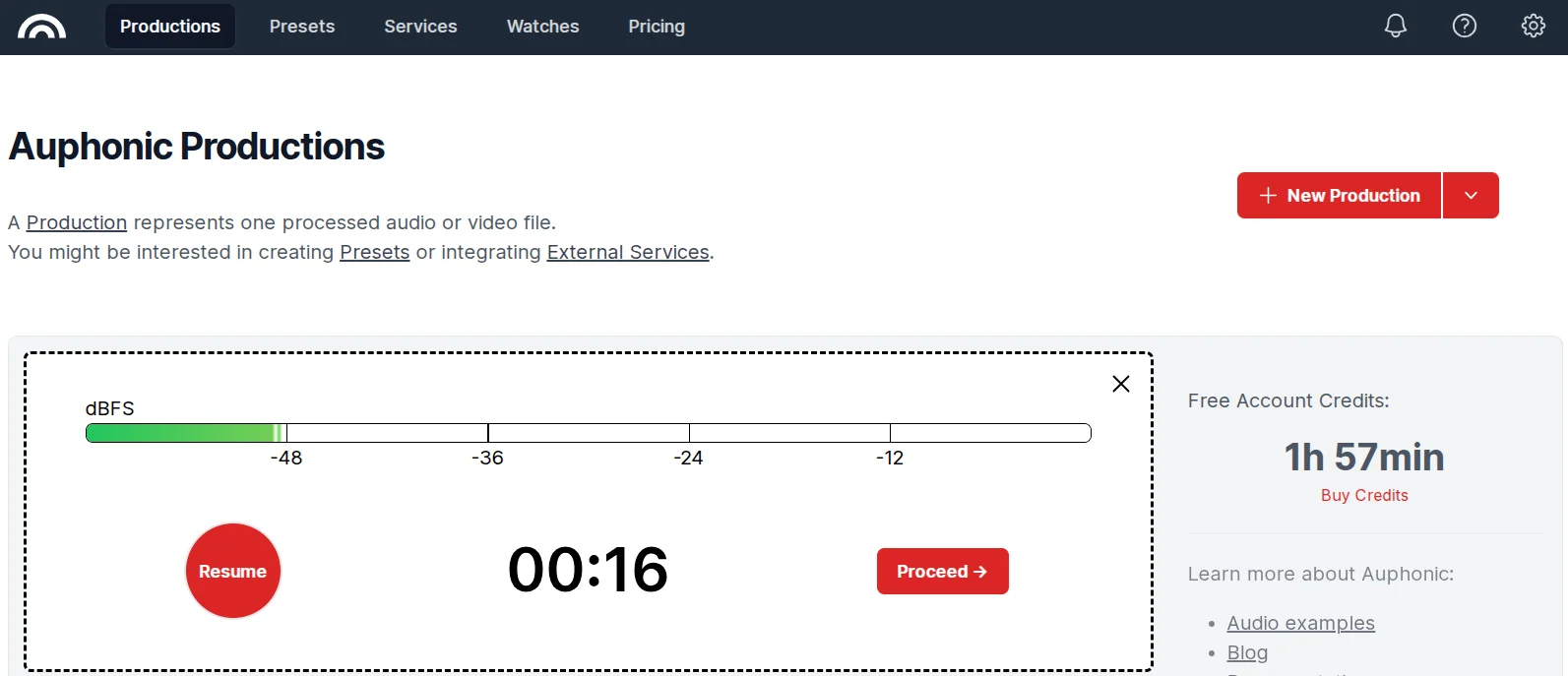 Recording audio with automatic improvement on the Auphonic service