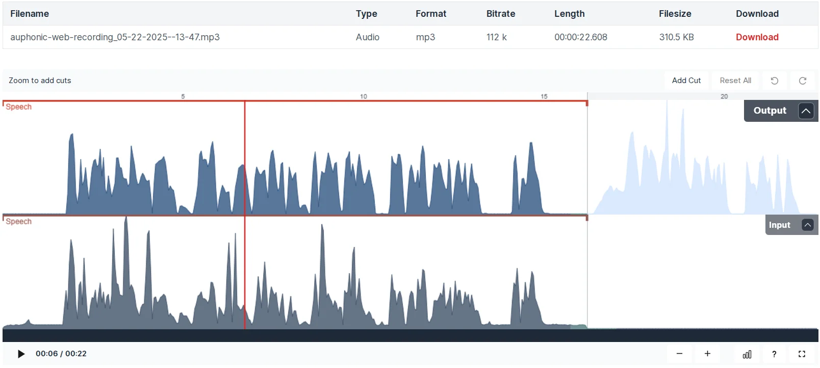 Result of audio processing by the Auphonic AI service