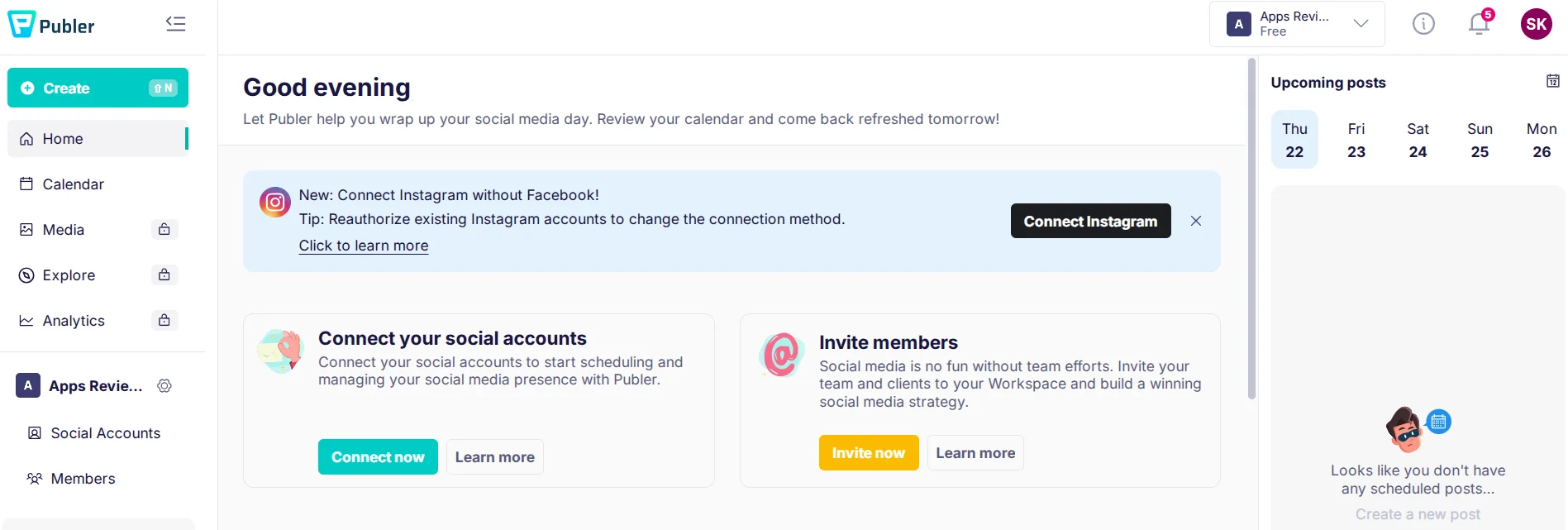 User homepage on the Publer platform